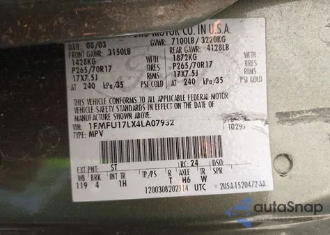 2004 Ford Expedition Eddie Bauer из США, поврежденный, VIN 1FMFU17LX4LA07932